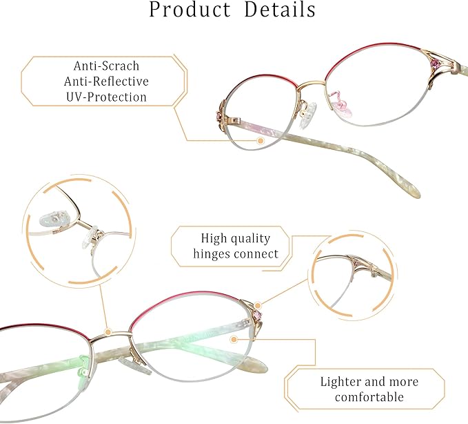 LifeArt Alloy Semi-Rimless Reading Glasses,Blue Light Blocking Glasses, Anti Eyestrain, Computer Gaming Glasses, TV Glasses for Women Men, Anti Glare (Rose Gold, +2.50 Magnification)