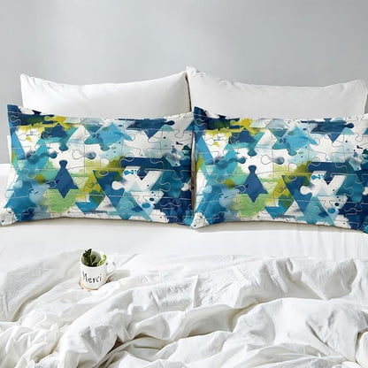Manfei Abstract Geometric Bed Sheet Queen Size,Watercolor Blue Green Paint Sheets,Modern Geometric Grids Lines Splicing Bedding Sets (1 Fitted,1 Flat,2 Pillowcases) Deep Pocket Bed Sheets