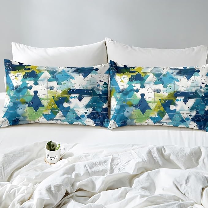 Manfei Abstract Geometric Bed Sheet King Set,Watercolor Blue Green Paint Sheet Sets Room Decoration,Modern Geometric Grids Lines Splicing Bedding Set with Flat,Fitted Sheet,2 Pillow Cases