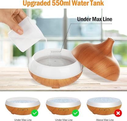 Diffuser for Essential Oil, 550ml Scent Humidifier with 7 Light Colors 4 Timer Setting Waterless Auto Off
