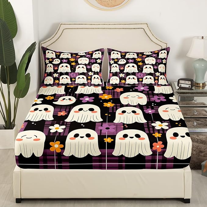Halloween Ghosts Cute Full Size Fitted Sheet,Cartoon Ghost Groovy Daisy Flowers Graffiti 3 Pieces Kids Teenager Room Decor Black Purple Plaids Patchwork Pocket 2 Pillowcases