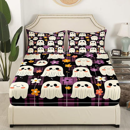 Halloween Ghosts Cute Full Size Fitted Sheet,Cartoon Ghost Groovy Daisy Flowers Graffiti 3 Pieces Kids Teenager Room Decor Black Purple Plaids Patchwork Pocket 2 Pillowcases