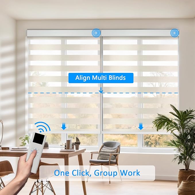 Motorized Zebra Blinds for Windows Cordless Electric Curtains with Remote Control Blackout Shades Custom Smart Blinds Compatible with Alexa Google Home(Light Filtering Beige,W37 X 72in)