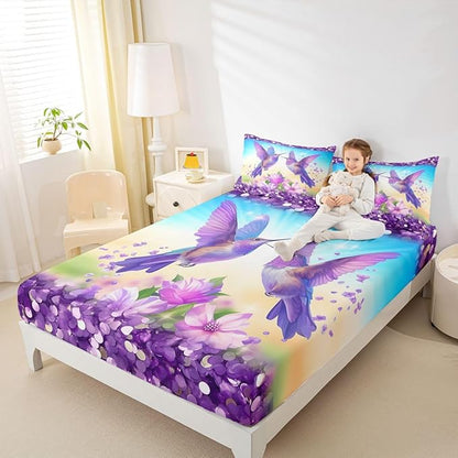 Hummingbird Kids Full Size Fitted Sheet,Lilac Flower Spring Dreamy Room Decor,Vintage Floral Animal Boys Girls Bed Sheets,Purple Blue Bedding Set,2 Pillowcases(No Flat)