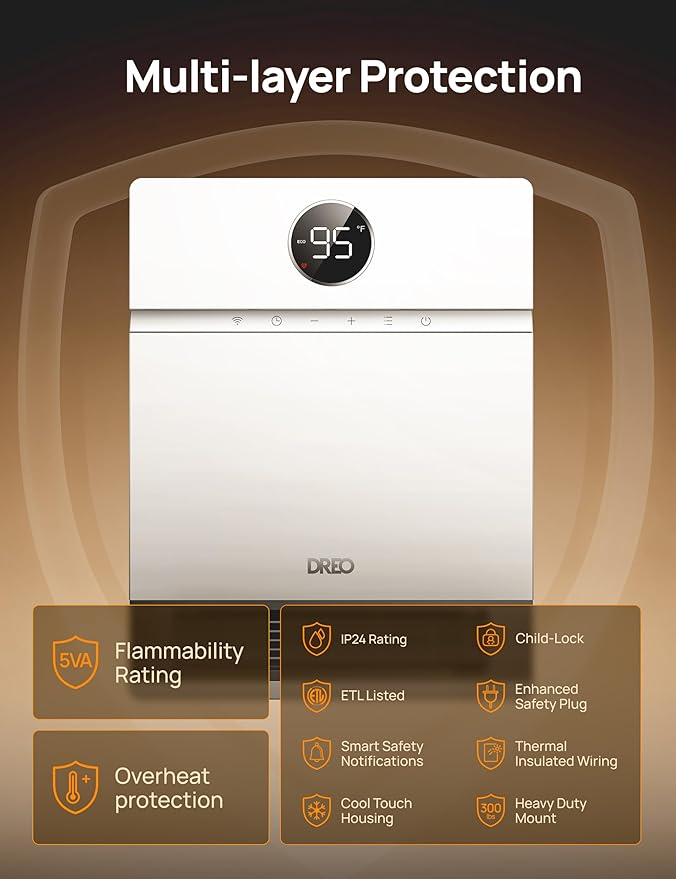 DREO Smart Wall Heater, IP24 Easy-mounted PTC Space Heater for Indoor Use, 30° Oscillation, Adjustable Thermostat, Remote Control, Works with Alexa, 24H Timer, Electric Heater for Bedroom, Office