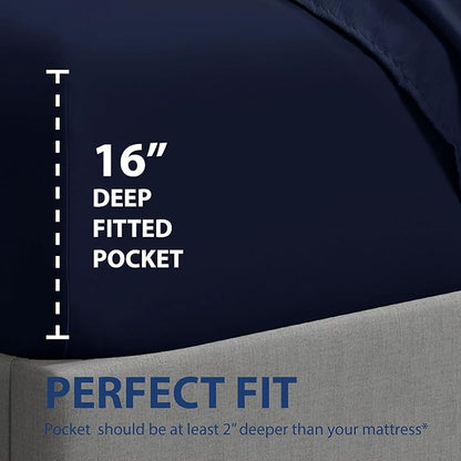 Cathay Home California King Fitted Sheet - Double Brushed Ultra Soft – Wrinkle & Fade Resistant - 16" Deep Pocket Fitted Sheet Only - Good Fit for 14"-18" Deep Mattress (Cal King, Navy)