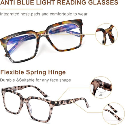 EASY READ 3 Pairs Reading Glasses for Women, Squre Computer Blue Light Blocking Anti UV Readers with Spring Hinge