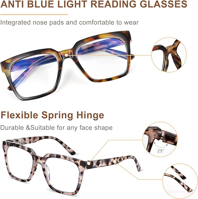 EASY READ 3 Pairs Reading Glasses for Women, Squre Computer Blue Light Blocking Anti UV Readers with Spring Hinge