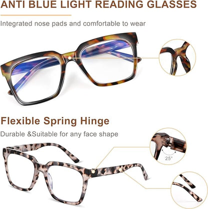EASY READ 3 Pairs Reading Glasses for Women, Squre Computer Blue Light Blocking Anti UV Readers with Spring Hinge