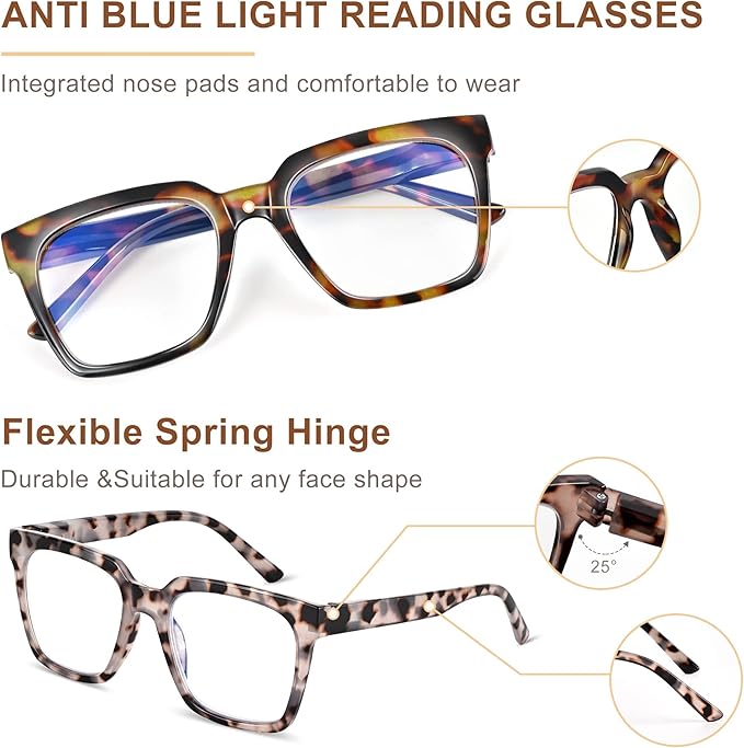 EASY READ 3 Pairs Reading Glasses for Women, Squre Computer Blue Light Blocking Anti UV Readers with Spring Hinge