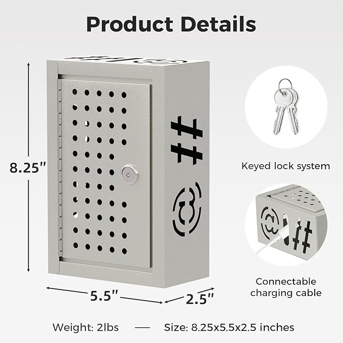 OSKIE Phone Downtime Box - Lockable Smartphone Storage for Home & Office, Key Lock Secure Metal Organize, Wall Mountable, 8.25” x 5.5” x 2.5” (graywhite)