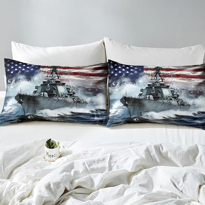 3D Warship Kids Fitted Sheet Queen Size,Navy Army Combat Ship Ocean Waves Bedding Set,Boys Men Room Decor,American Flag Geometric Stripes Bed Cover,Blue Grey Bed Sheet,2 Pillowcases(No Top Sheet)