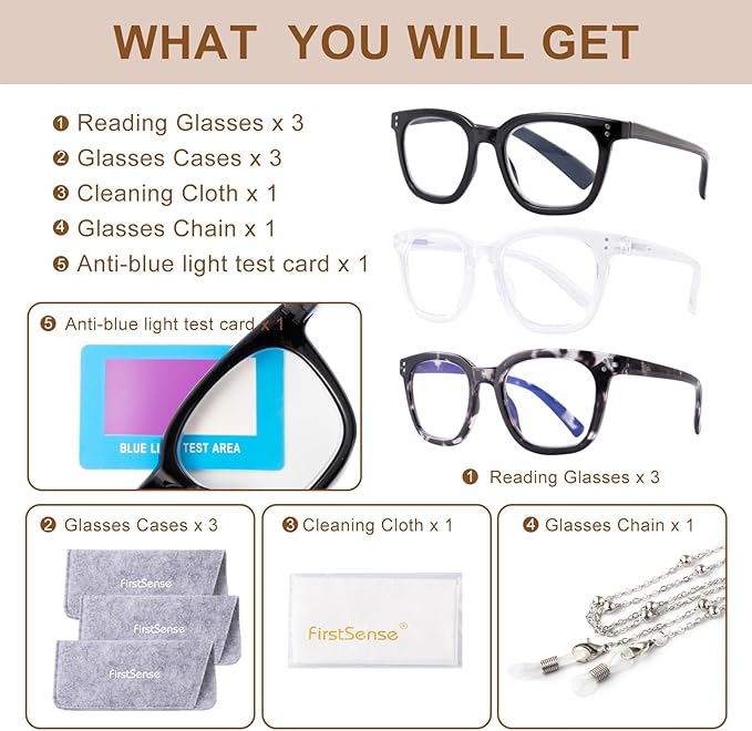 3 Pack Reading Glasses for Men Women Blue Light Blocking with Spring Hinge, Blocking Readers Anti UV Ray Filter Eyeglasses, Square Computer Reader Glasses, Black, +3.5