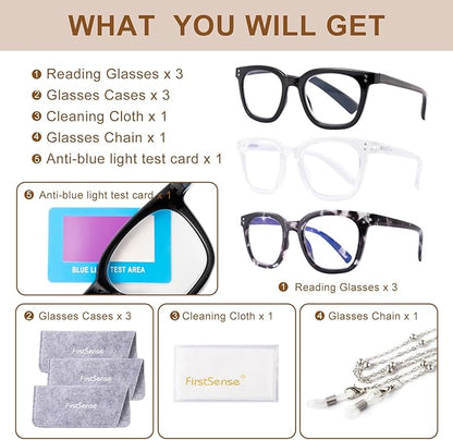 3 Pack Reading Glasses for Men Women Blue Light Blocking with Spring Hinge, Blocking Readers Anti UV Ray Filter Eyeglasses, Square Computer Reader Glasses,+2.0