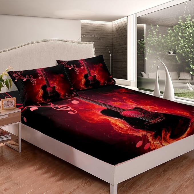 Electric Guitar Bed Sheet Queen Size,Rock Music Theme Guitar Musical Notes Sheets,Neon Red Glowing Modern Artistic Bedding Sets (1 Fitted,1 Flat,2 Pillowcases) Deep Pocket Bed Sheets