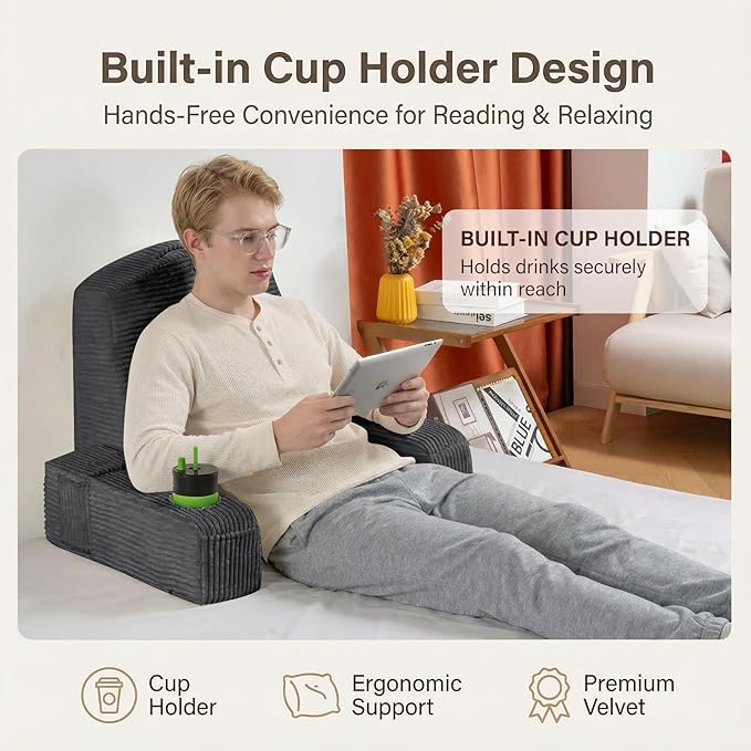 AS AWESLING Reading Pillow for Adults, Back Pillow for Bed Sitting Up, Backrest Pillow for Sitting in Bed, Detachable Arms with Built-in Cup & Phone Caddy (Dark Gray-Corduroy, 21 INCH)
