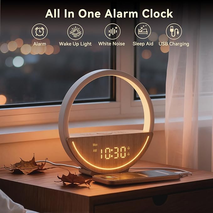 Vivilumens Alarm Clock Sunrise Wake Up Light - White Noise Machine with 20 Soothing Sounds for Sleep Better, Weekdays/Weekends Dual Alarms for Heavy Sleepers & Touch Control Night Light, Ideal Gifts