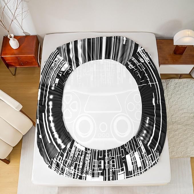 Gamepad Kids Sheet King Size,Honeycomb Hexagon Geometric Fashion Bedding Set,Boys Girls Room Decor,Modern Videogaming Gamer Controller Black White Bed Sheet Set 4pcs(Fitted + Flat + 2 Pillowcases)