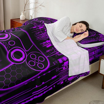 Geometric Gamepad Kids Sheet King Size,Modern Neon Lights Honeycomb Hexagon Bedding Set,Boys Girls Room Decor,Videogames Gaming Controller Purple Bed Sheet Set 4pcs(Fitted + Flat + 2 Pillowcases)