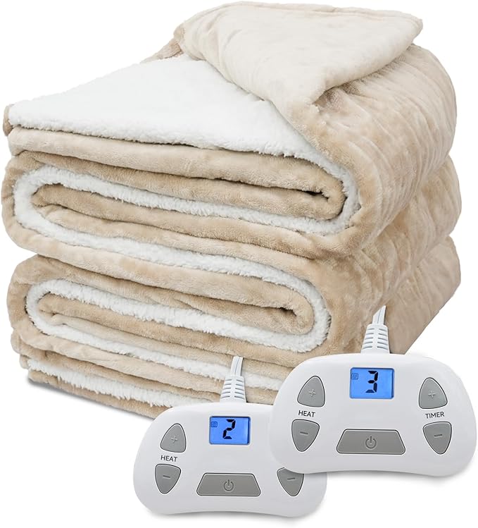 Heated Electric Blanket Queen Size 84"×90" Soft Flannel and Sherpa Warm Blanket Dual Controllers Heating Blanket,10 Heating Levels,Machine Washable,Beige