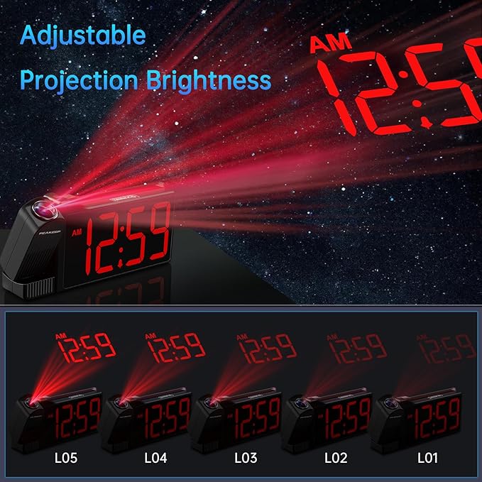 Peakeep Projection Alarm Clock for Bedroom Ceiling 180° Rotatable, Loud for Heavy Sleepers, Colorful Nightlight, 5 Brightness Dimmable Large Number Bedside Electric LED Digital Clock with USB Port