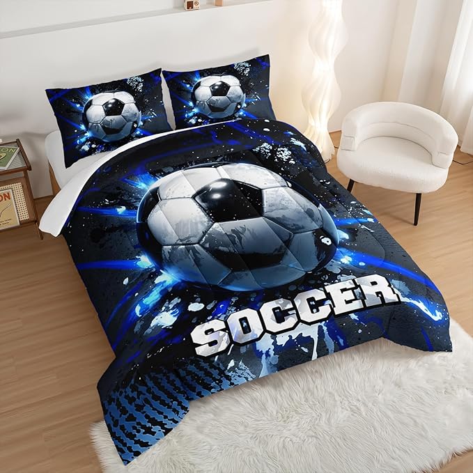 Football Comforter Set Full Size,Balls Game Pattern Kids Comforter for Boys Girls Teens Soccer Room Decor,Sports Themed Football Court Bedding Sets with 2 Pillowcases.