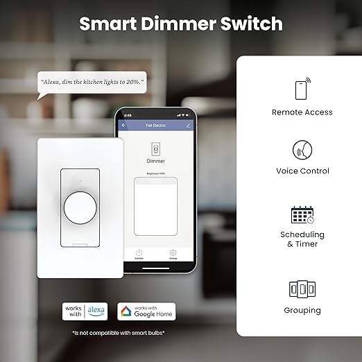 Feit Electric Smart WiFi Rotary Dimmer Switch, Neutral Wire Required, Single-Pole/3-Way/4-Way, Works with Alexa & Google Assistant, TRIAC Dimming, EZ Bluetooth Pairing, App Control, DIM/Rotary/WiFi