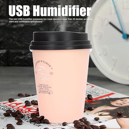Mini Portable 300ml Humidifier, USB Coffee Cup Low Noise Desk Humidifier Lightweight Space Saving Car Humidifiers for Bedroom Office Travel Home (Pink)