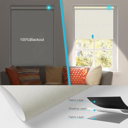 Motorized Blinds with Remote, Smart Blind Roller Shades Compatible with Alexa, Durable Rechargeable Battery Solar Power Electric Window Blinds Motorized Shades Customized Size (Luxury-Beige)
