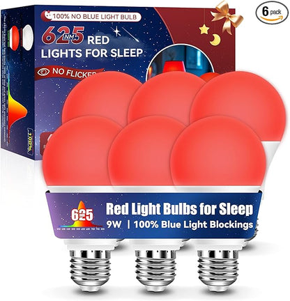 Neporal 625nm Red Light Bulbs for Sleep, 100% Blue Light Blocking Light Bulbs for Melatonin Promoting, A19 LED 9W 60W Equivalent Dim Red Night Light Bulb for Baby Nursery, Sleeping, Reading, 6-Pack