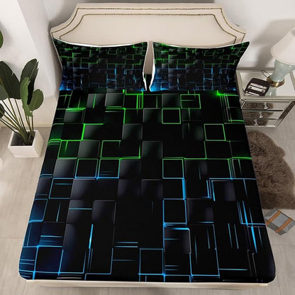 Manfei Green and Blue Sheet Set Full Size, Abstract Geometric Bedding Set for Kids Boy Girls Adults, Black Square Lattice Bed Sheet Set 4pcs with Deep Pocket Fitted Sheet + Flat Sheet + 2 Pillowcases