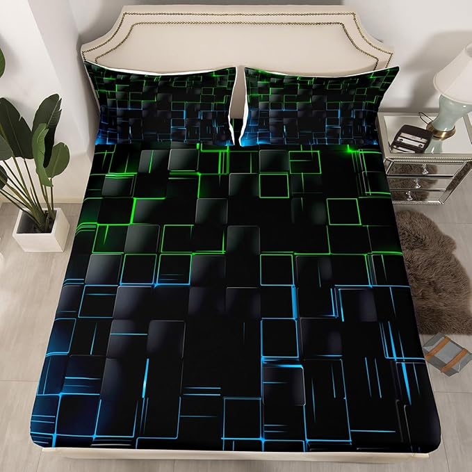 Manfei Green and Blue Sheet Set King Size, Abstract Geometric Bedding Set for Kids Boy Girls Adults, Black Square Lattice Bed Sheet Set 4pcs with Deep Pocket Fitted Sheet + Flat Sheet + 2 Pillowcases
