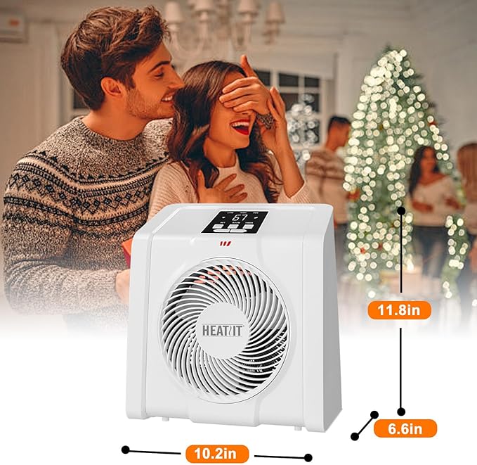 HEATIT Space Heater with Remote for Indoor, Digital Display with Thermostat，Containing Plasma & Ozone,1-12H Timer, 1500W/750W, Electric Space Heater for Office, Bedroom,White,10.6"Dx7.0"W x 11.8"H