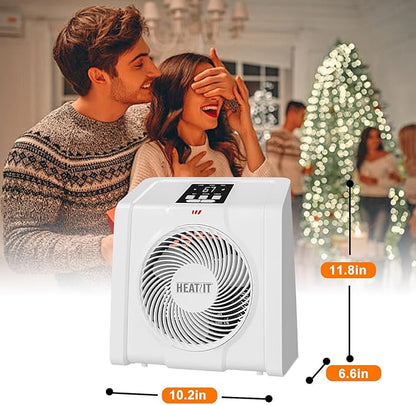 HEATIT Space Heater with Remote for Indoor, Digital Display with Thermostat，Containing Plasma & Ozone,1-12H Timer, 1500W/750W, Electric Space Heater for Office, Bedroom,White,10.6"Dx7.0"W x 11.8"H
