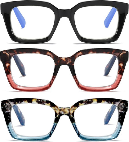 3 Pack Oversize Square Design Reading Glasses for Women,Fashion Readers with Spring Hinge (Black&Blue sunset&Pink sunset, 2.5)