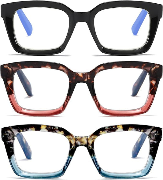 3 Pack Oversize Square Design Reading Glasses for Women,Fashion Readers with Spring Hinge (Black&Blue sunset&Pink sunset, 1.25)
