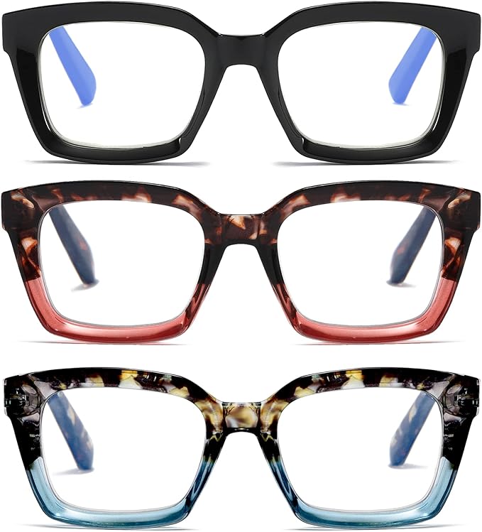 3 Pack Oversize Square Design Reading Glasses for Women,Fashion Readers with Spring Hinge (Black&Blue sunset&Pink sunset, 1.0)