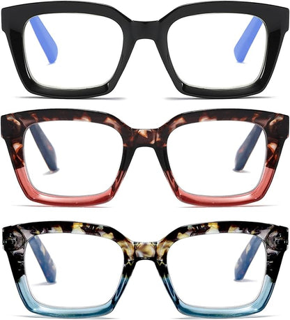 3 Pack Oversize Square Design Reading Glasses for Women,Fashion Readers with Spring Hinge (Black&Blue sunset&Pink sunset, 1.0)