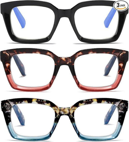 3 Pack Oversize Square Design Reading Glasses for Women,Fashion Readers with Spring Hinge (Black&Blue sunset&Pink sunset, 3.0)