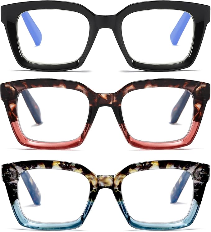 3 Pack Oversize Square Design Reading Glasses for Women,Fashion Readers with Spring Hinge (Black&Blue sunset&Pink sunset, 3.25)