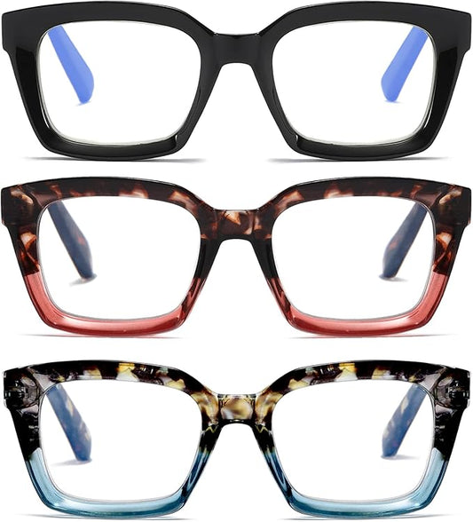 3 Pack Oversize Square Design Reading Glasses for Women,Fashion Readers with Spring Hinge (Black&Blue sunset&Pink sunset, 3.25)