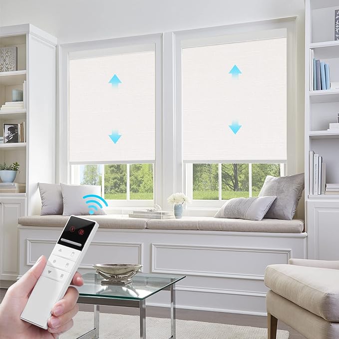 ZSTARR Motorized Blackout Window Blinds Remote Control Automated Window Blinds Rechargeable Roller Shades Blinds with Valance,Customized Size (White)