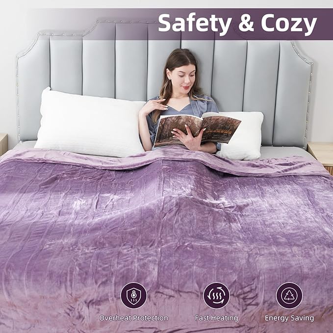 Electric Heated Blanket Twin Size 62"x84", Fast Heating Throw, Soft Plush Microplush for Bed & Couch, 1-10 Hours Auto Off & 6 Heating Levels, Machine Washable, Gifts for Grandma & Family-Purple
