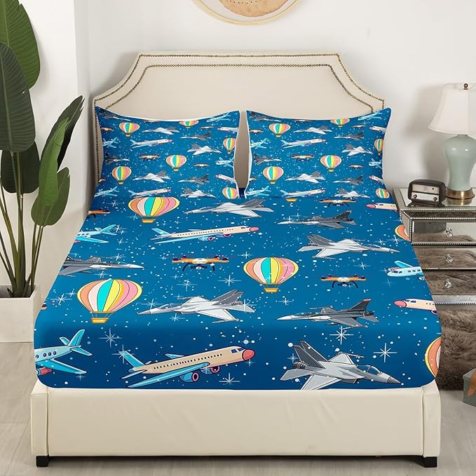Aircraft Fitted Bottom Sheet Twin Size,Cartoon Airplane Hot Air Balloon Sheet Set Soft Polyester Bedding,Glittering Galaxy Sky Bed Cover(1 Fitted Sheet+1 Pillow Case)
