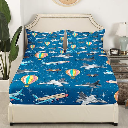 Aircraft Fitted Bottom Sheet Twin Size,Cartoon Airplane Hot Air Balloon Sheet Set Soft Polyester Bedding,Glittering Galaxy Sky Bed Cover(1 Fitted Sheet+1 Pillow Case)