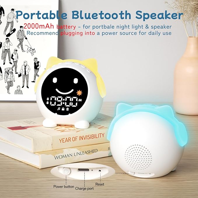 Kids Alarm Clock with Sleep Training, LED Night Light, Bluetooth Music, Multi-Color Display, Sound Machine, OK to Wake Light for Toddlers and Children