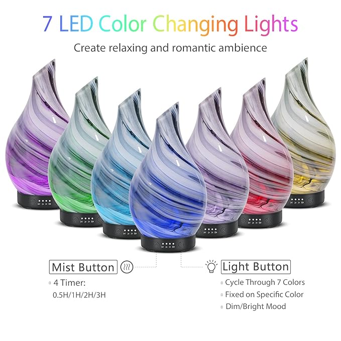 Essential Oil Diffuser 120ml Ultrasonic Aromatherapy Diffuser with Handmade Glass with Auto Shut-Off Protection 4 Timer Setting 7 Colors Changed LED Diffuser for Home Yoga Office Gifts for Women