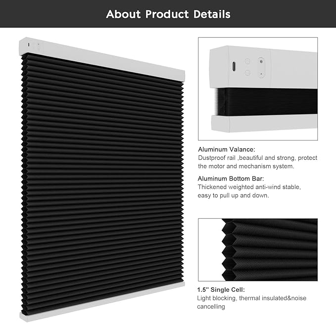 Changshade Automatic Blackout Blinds Motorized Cellular Shades with Remote Control Custom Size, Honeycomb Electric Smart Blinds for Indoor Windows Work with Alexa, Google Home, Light Blocking, Black