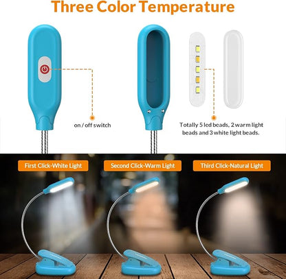 LEPOWER Clip on Book Light/Reading Light/Clip Light with 5 LED Eye Care, 3 Color Changeable, Portable Reading Lamp, Battery Operated, Bed Lights for Kids, Bookworms, Students(Blue)