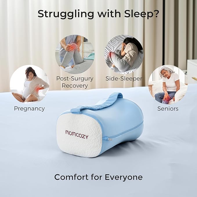 Momcozy Knee Pillow for Side Sleepers with Cooling Cover, Soft Memory Foam Spine Alignment Pregnancy Leg Pillow for Hips, Back, Sciatica Pain, Fixed Strap for Moving, Wider Contact Even Pressure, Blue